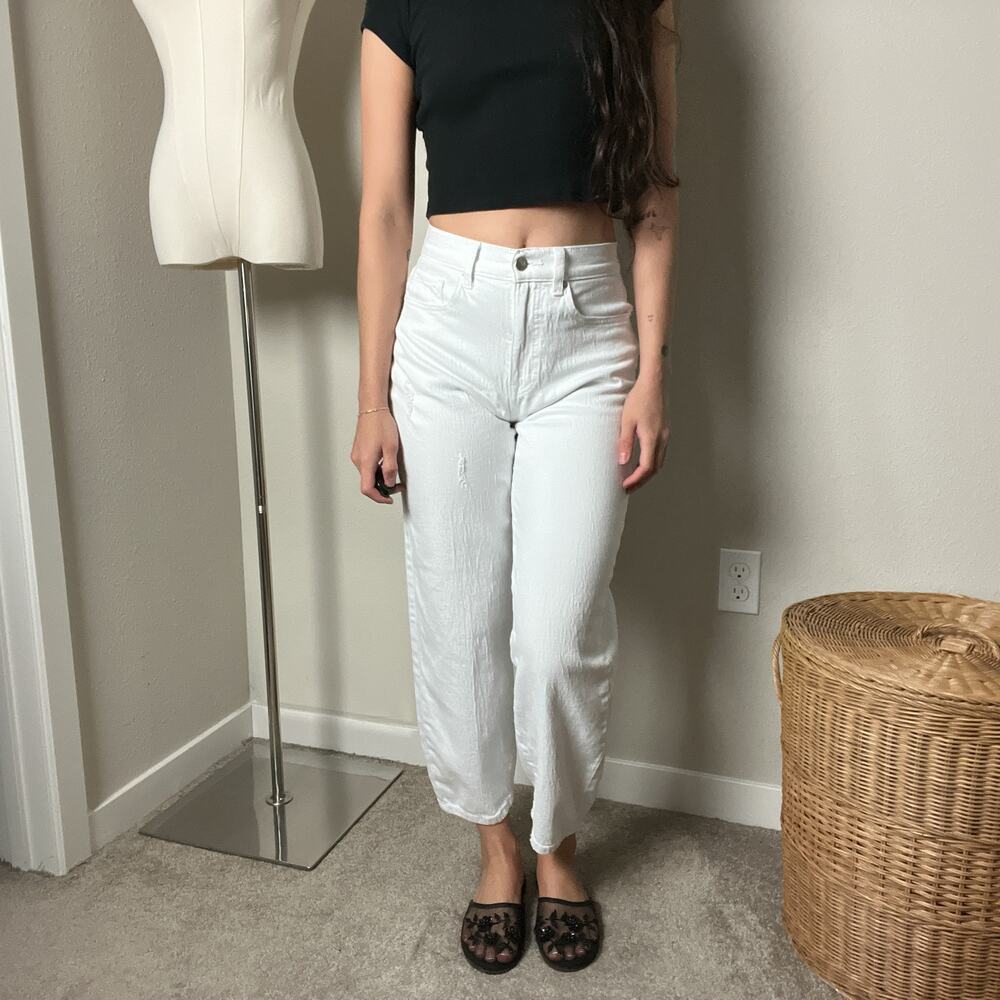 evereve white distressed high waisted barrel leg cropped jeans